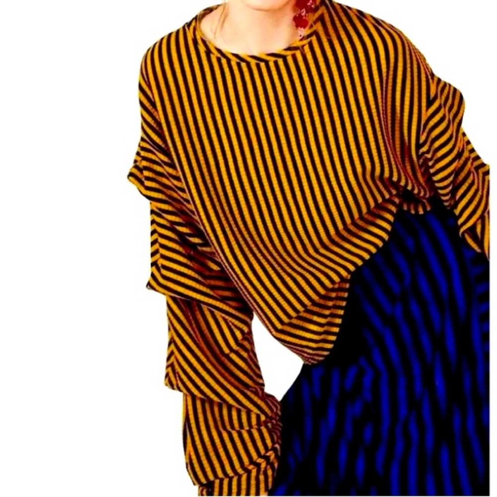 ZARA Exaggerated Ruched Long Sleeve Striped Top